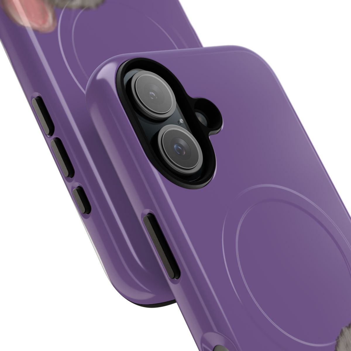 Closeup photo of a purple rat peeking out from a magnetic phone case - Detail