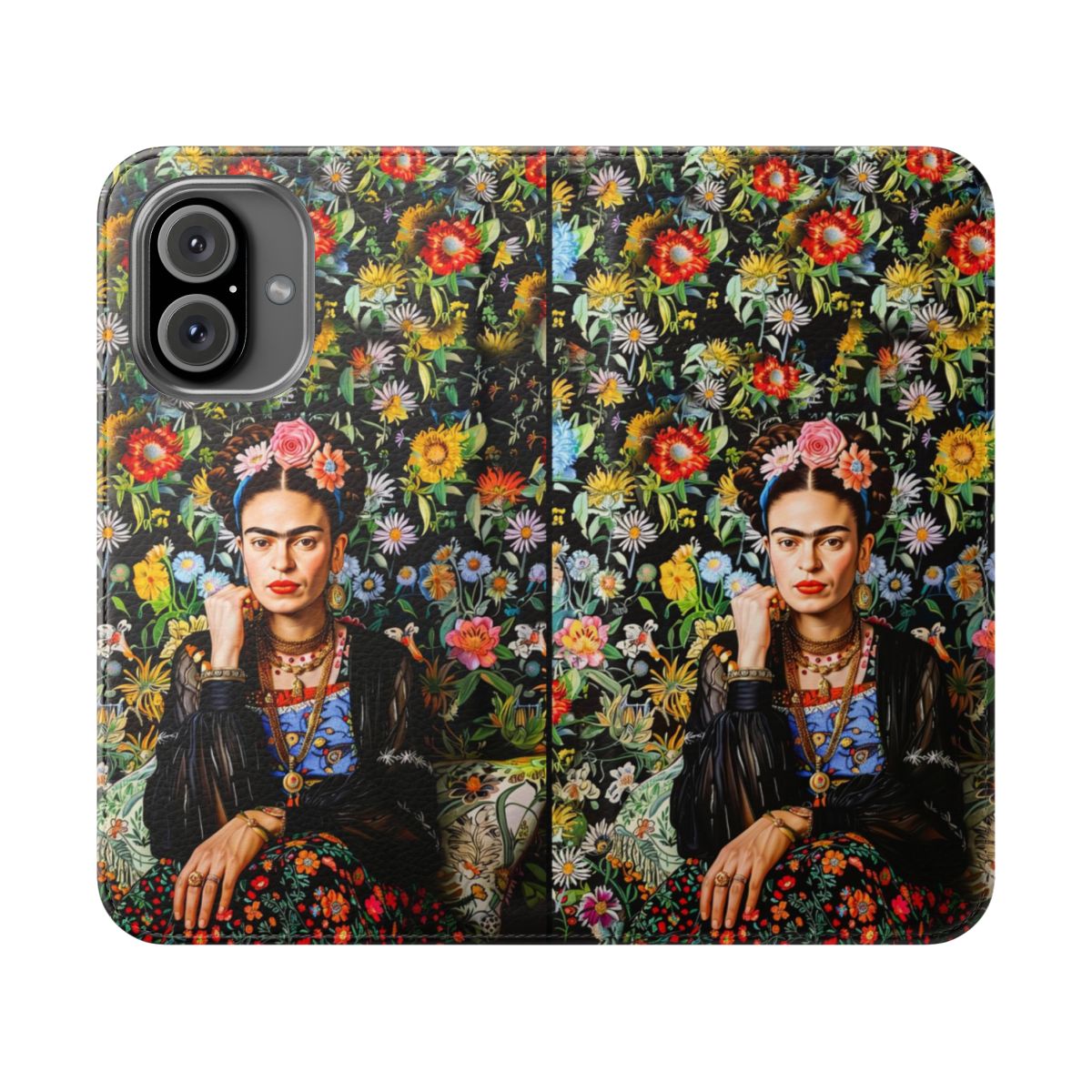 Frida Kahlo inspired phone case with colorful floral design