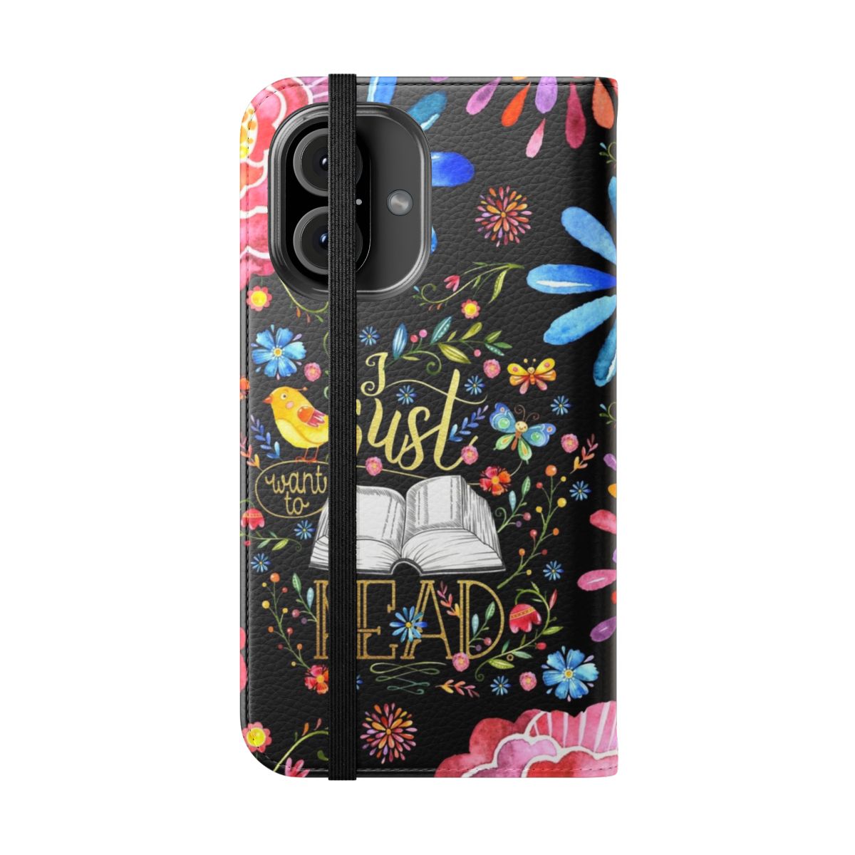 A stylish black floral flip cover phone case perfect for book lovers and reading enthusiasts. - Folded Front