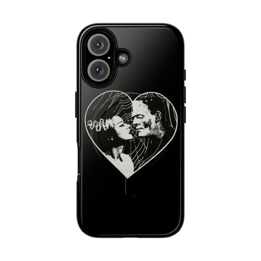 A black and white phone case featuring Frankenstein and his bride, with a heart and spider web design.