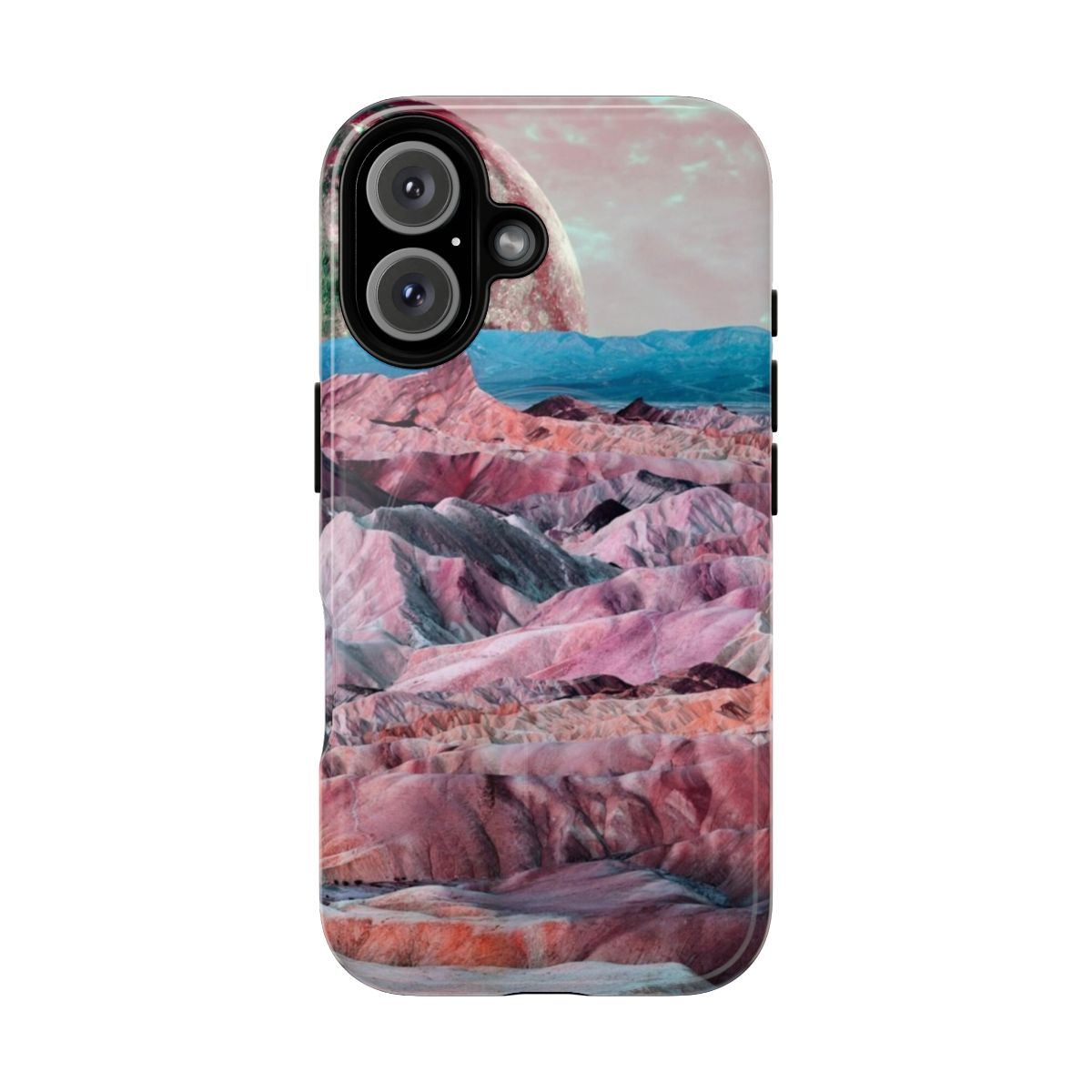 A collage-style phone case featuring a digital illustration of a planet, moons, and a colorful, bohemian-inspired landscape.