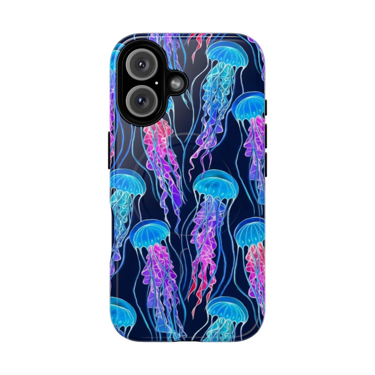 Colorful and glowing luminescent jellyfish pattern on a navy blue tough phone case