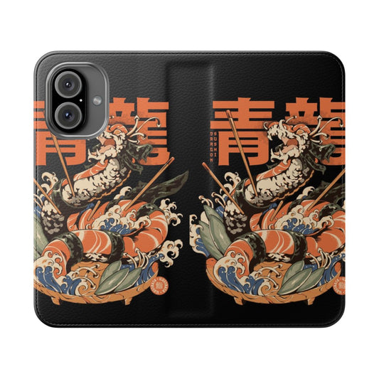 Artistic dragon sushi design on a black flip cover phone case