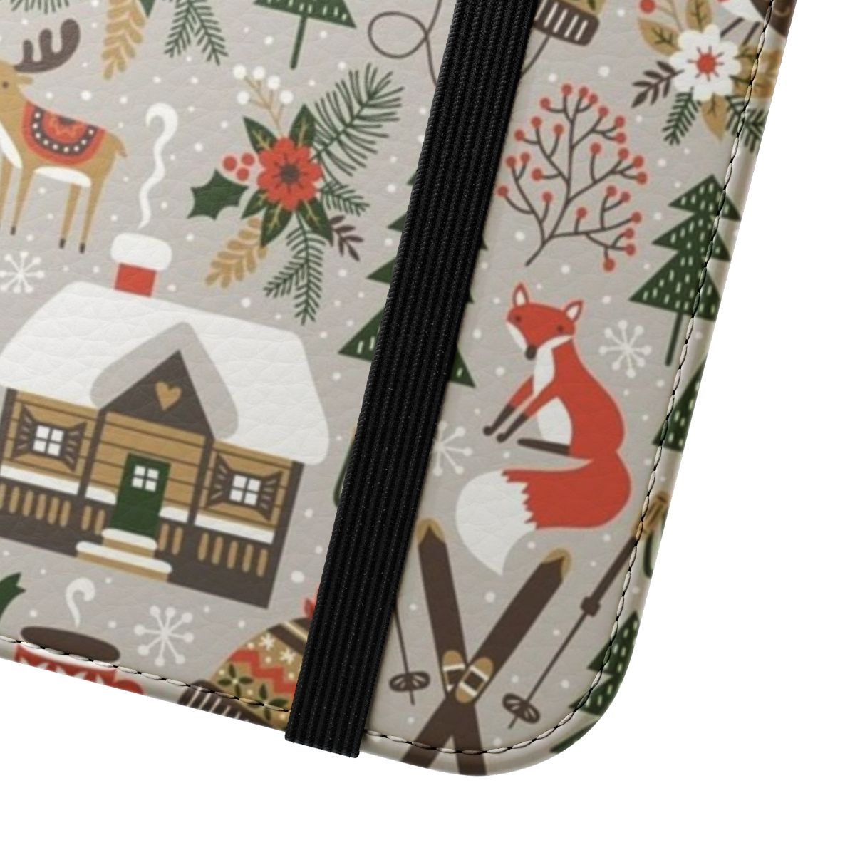 Cozy cabin-themed phone case with a light grey flip cover design featuring woodland animals, snow, and floral patterns. - Close Up