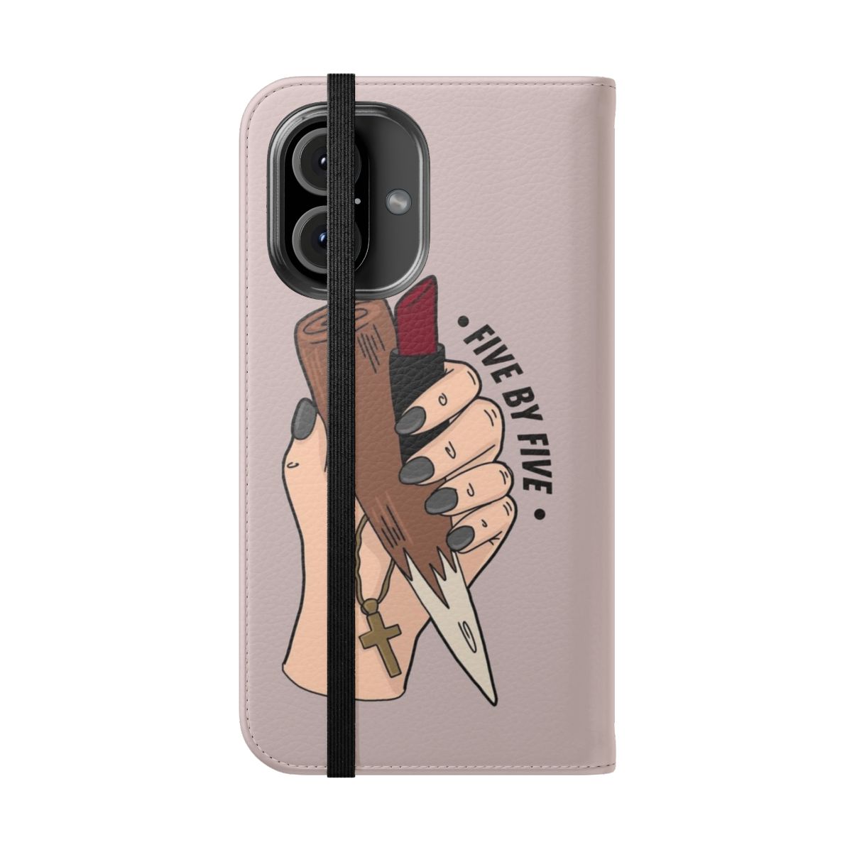 Buffy the Vampire Slayer inspired flip phone case with "Five by Five" quote and slayer girl power design - Folded Front