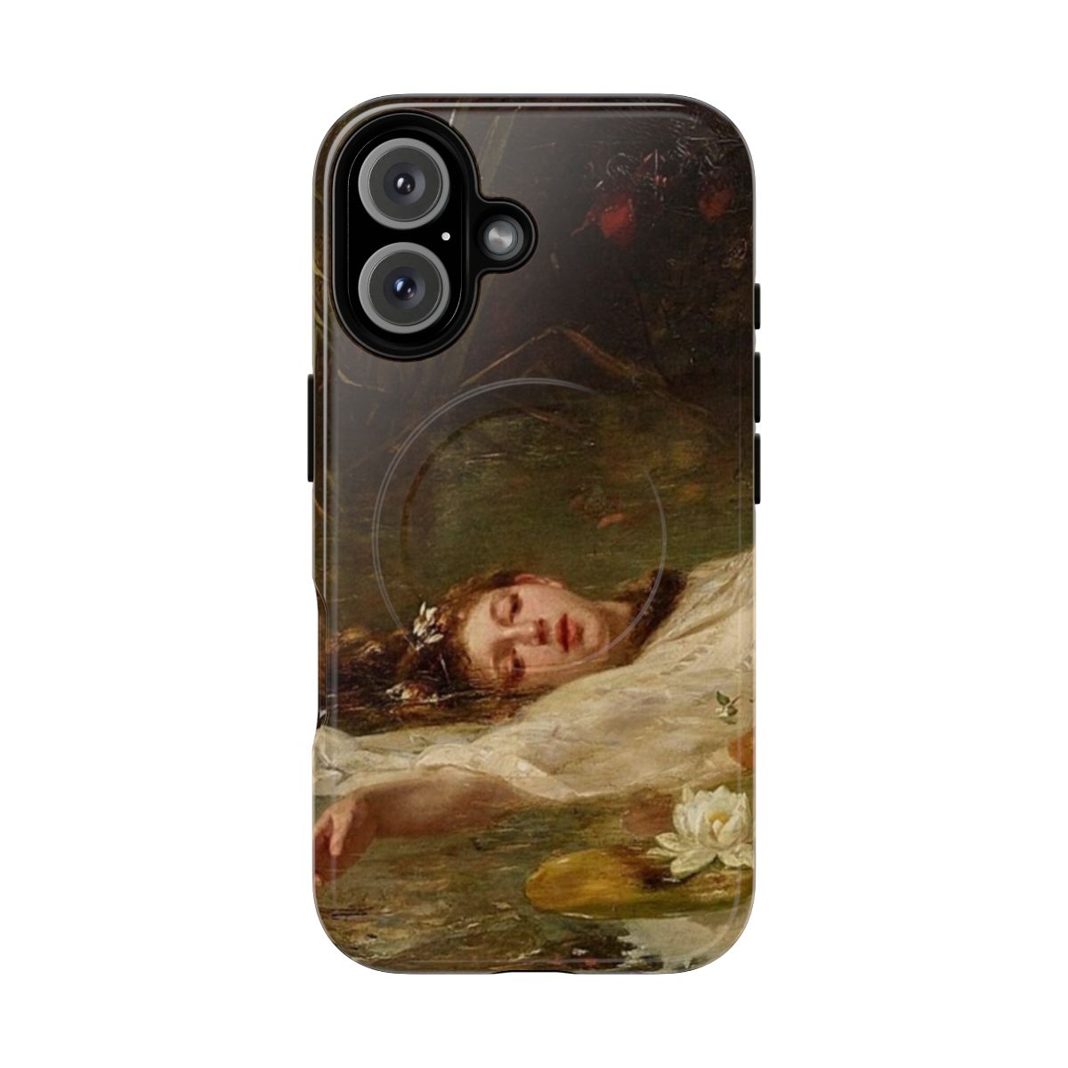 Ophelia magnetic tough phone case featuring a classical renaissance painting of a woman in a pond surrounded by flowers and nature