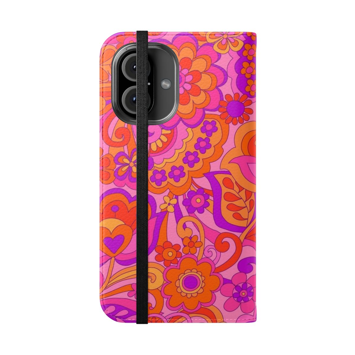 Vibrant retro floral phone case with a psychedelic, 60s inspired design - Folded Front