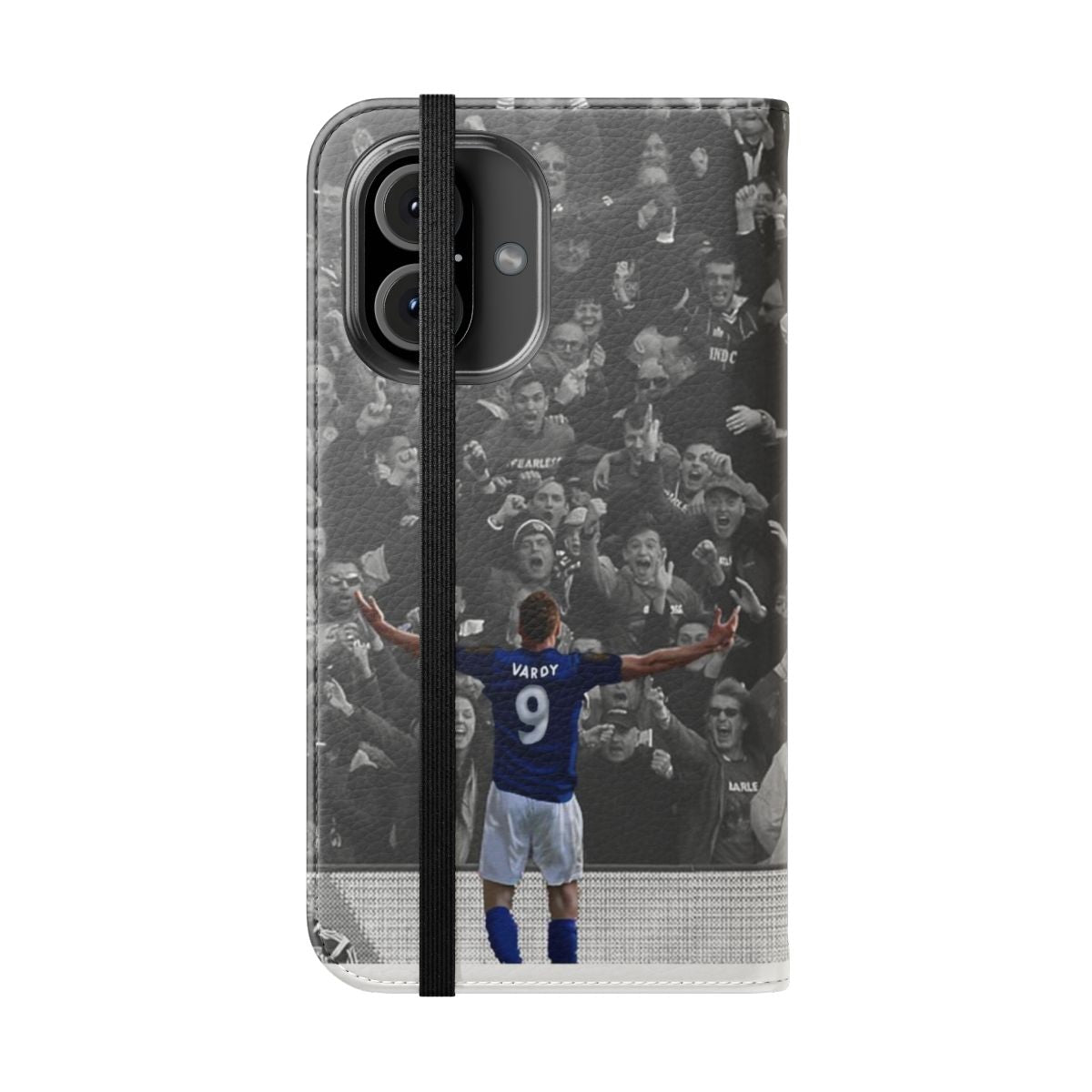 Premium flip cover phone case featuring the name and image of famous English footballer Jamie Vardy - Folded Front