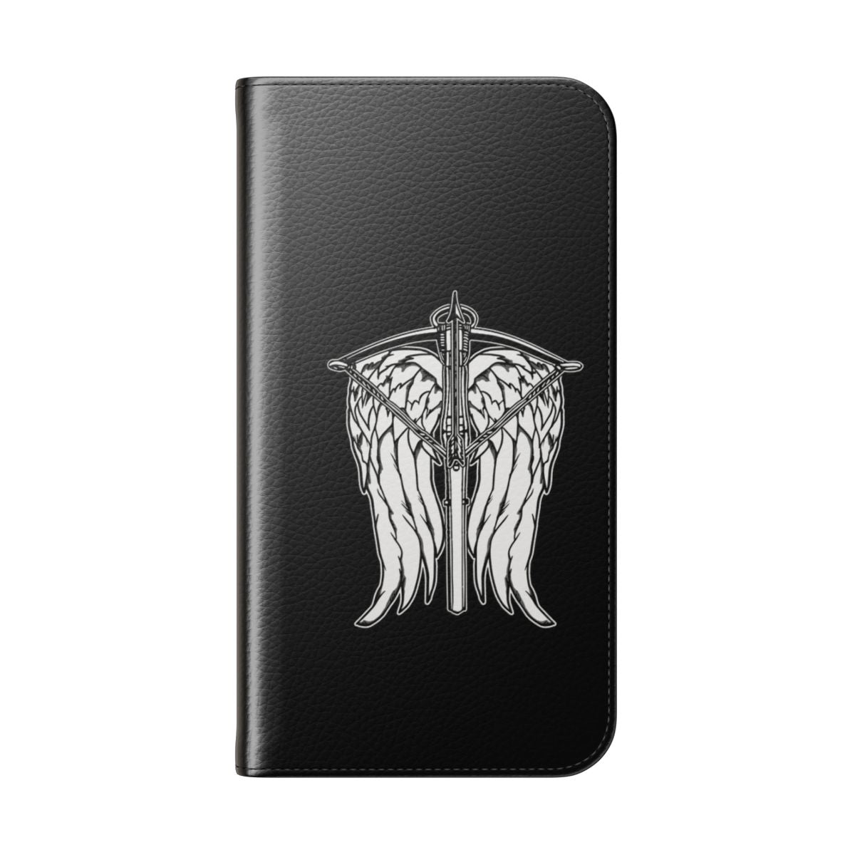 Flip cover phone case with angel wings and crossbow design, inspired by the TV series The Walking Dead. - Folded Back