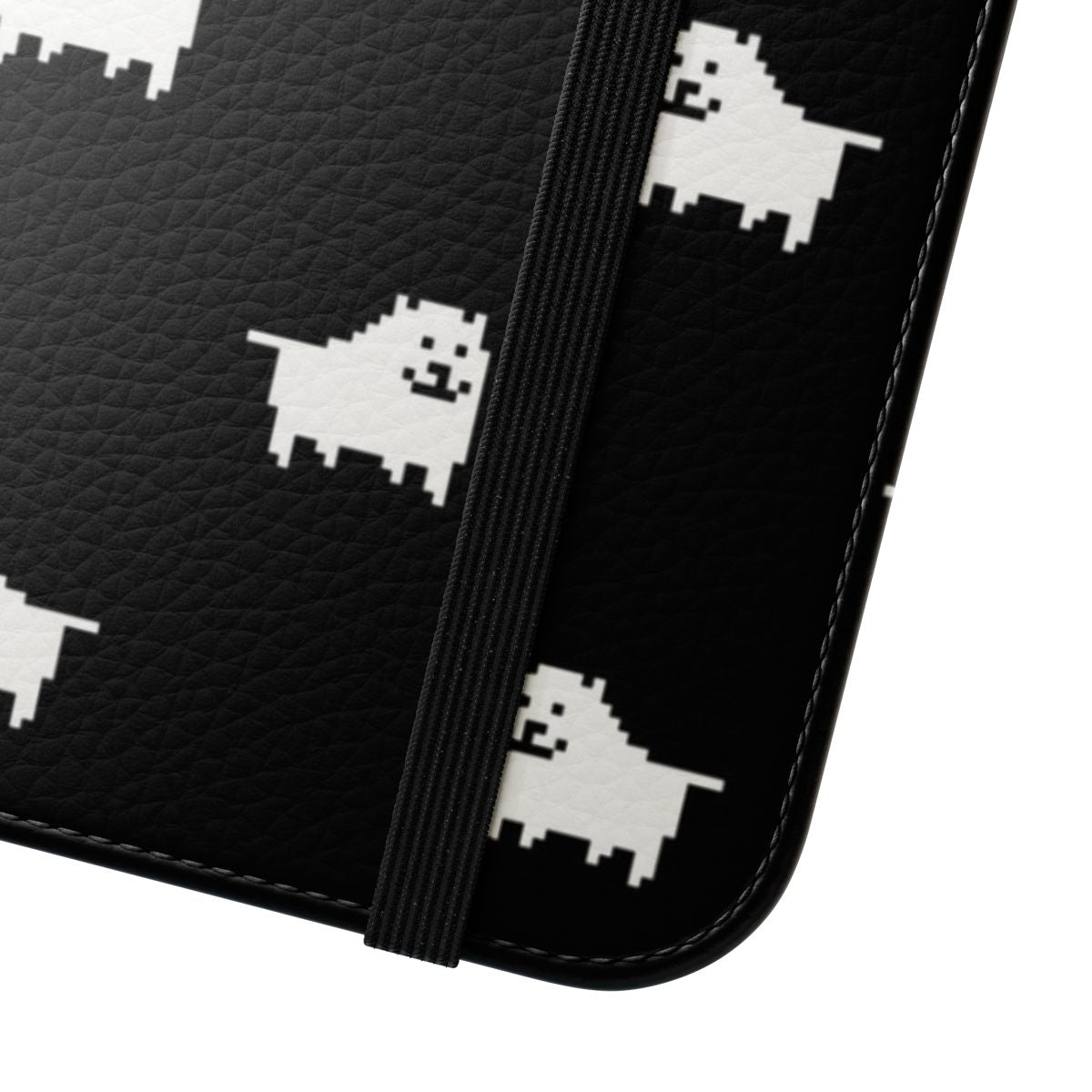 Pixel art design of the Undertale Annoying Dog on a black flip cover phone case - Close Up