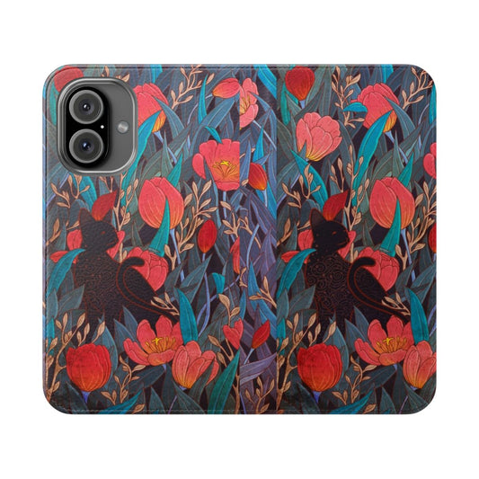 A stylish and whimsical flip cover phone case featuring a black cat illustration surrounded by vibrant red tulips and botanical elements.