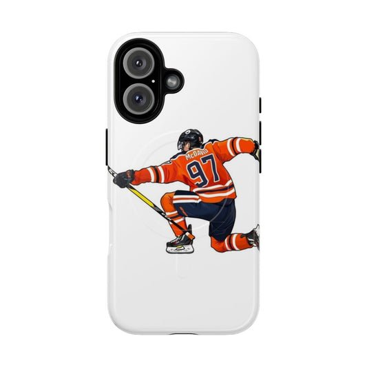 Magnetic phone case with artwork of Edmonton Oilers hockey player Connor McDavid celebrating