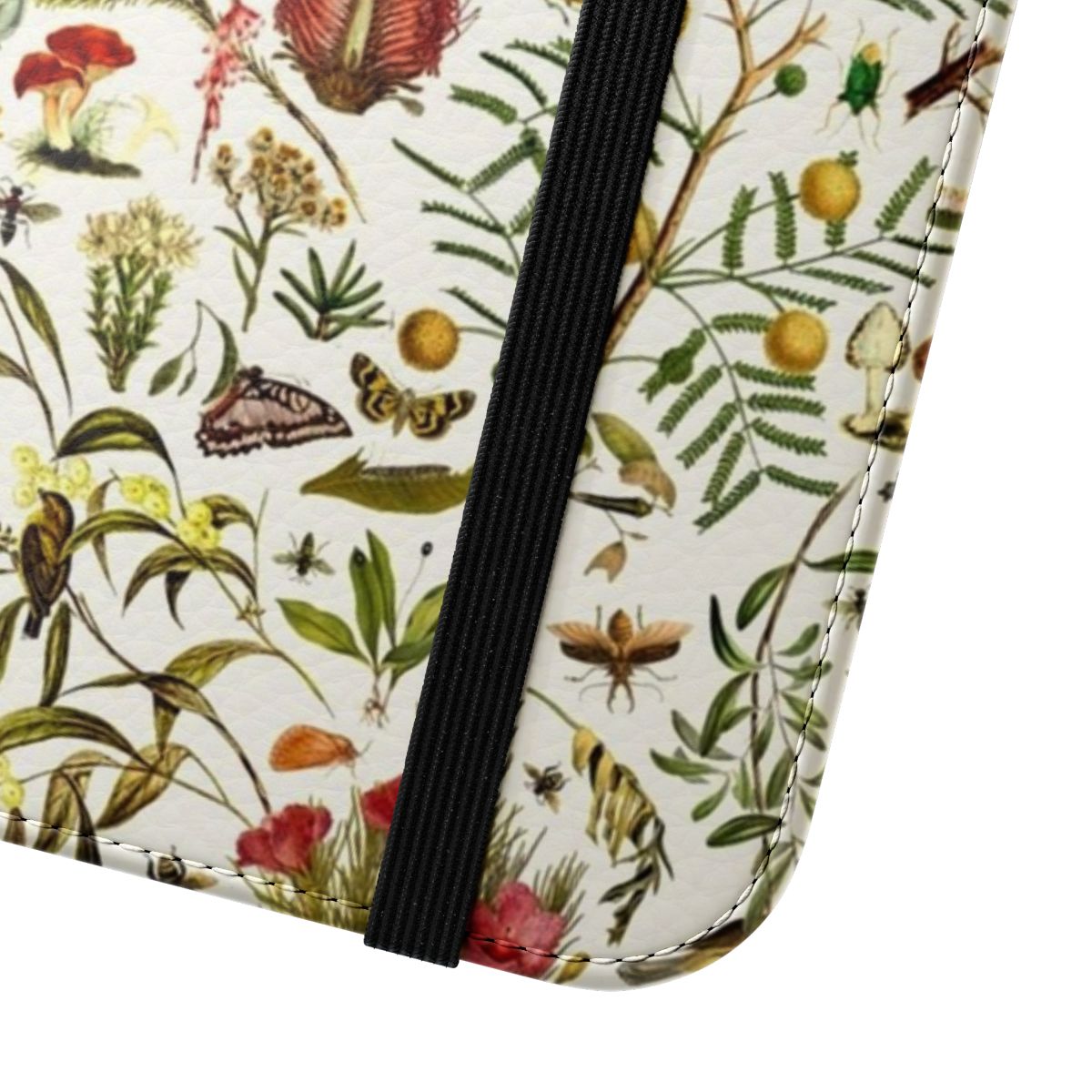 Flip cover phone case with a detailed, repeating pattern featuring native Australian flora and fauna like butterflies, birds, and plants. - Close Up