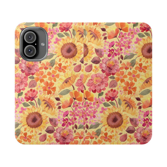 Retro 1960s style floral phone case with painted sunflowers and boho pattern