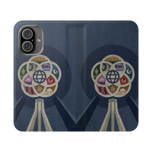 Retro-inspired iPhone flip case with geometric Epcot sphere design