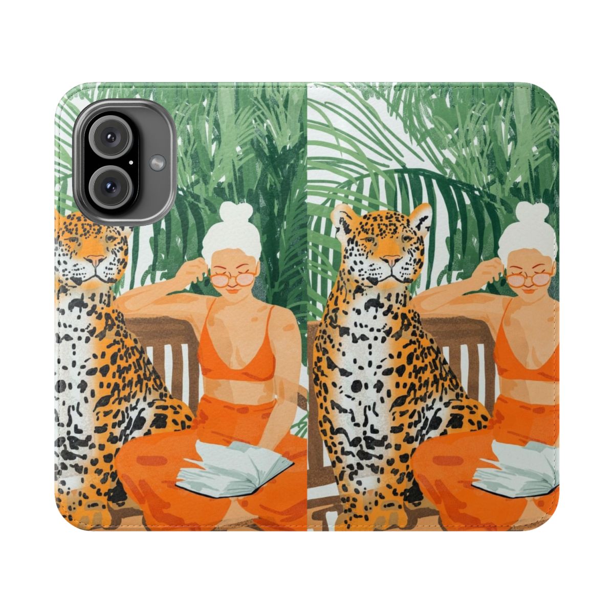 Tropical wildlife phone case with a modern bohemian design featuring a blonde woman in a jungle setting.