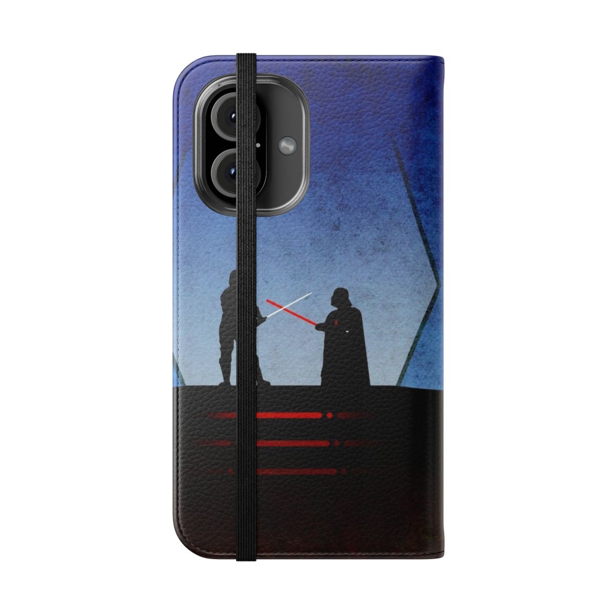 A flip cover phone case featuring a sci-fi inspired design of Darth Vader and Luke Skywalker dueling on Cloud City. - Folded Front