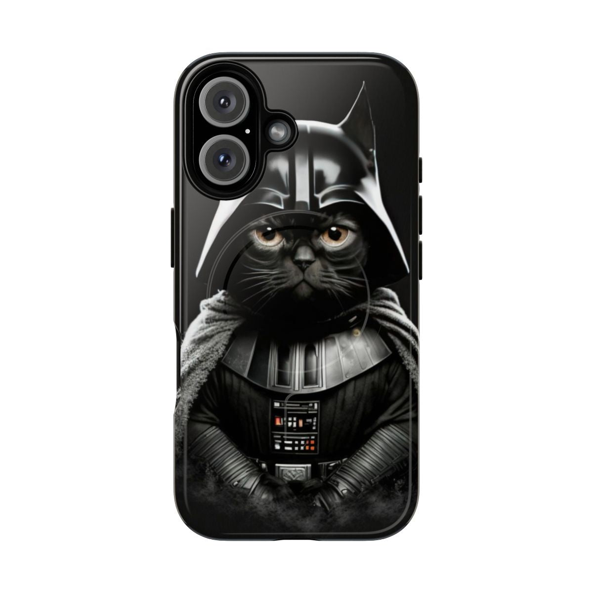 Artistic phone case featuring a black cat in a Darth Vader-inspired design, set against a starry galaxy background.