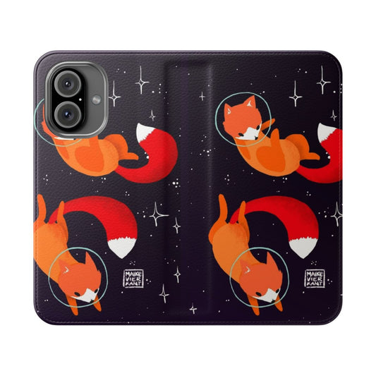 A vibrant digital illustration of a cute, cartoon-style space fox on a phone case.