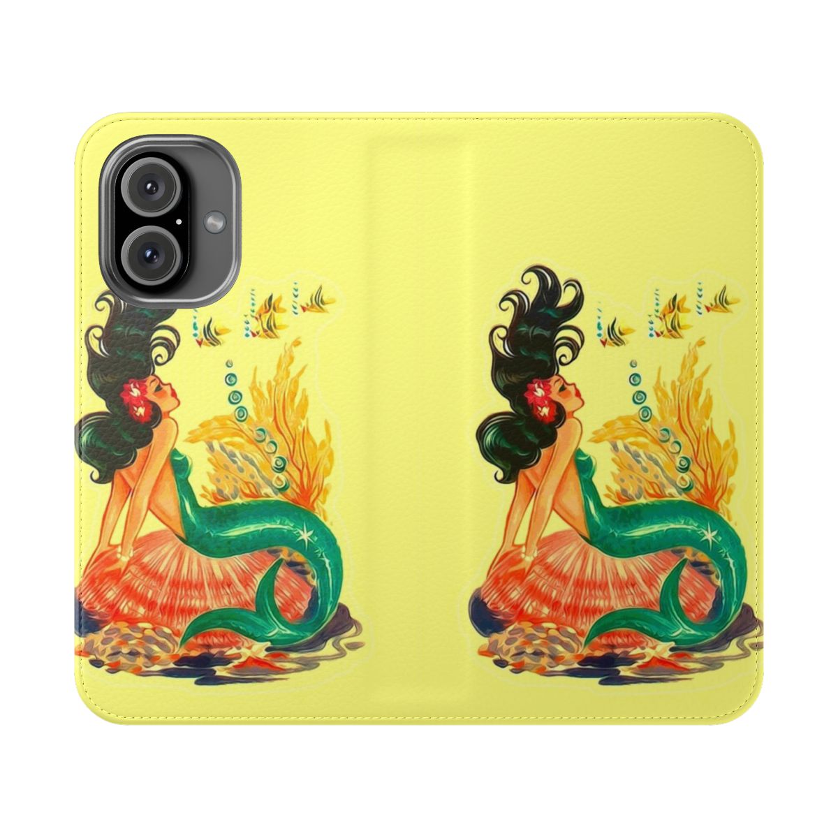 Colorful mermaid-themed phone case with a psychedelic, tiki-inspired design