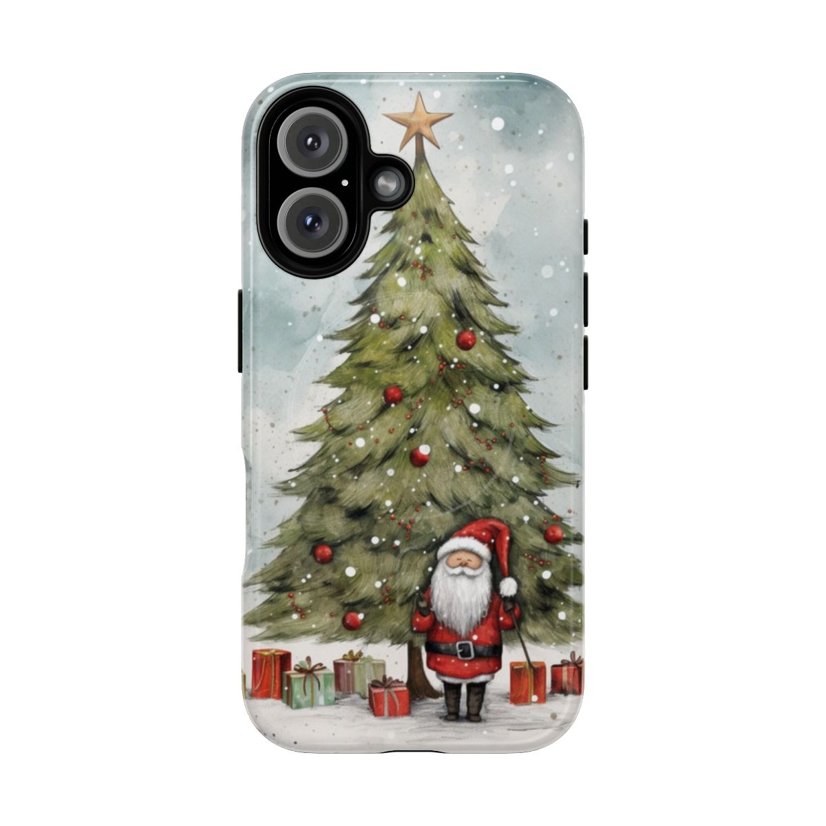 Santa Claus standing by a Christmas tree holding a gift, printed on a durable, magnetic phone case