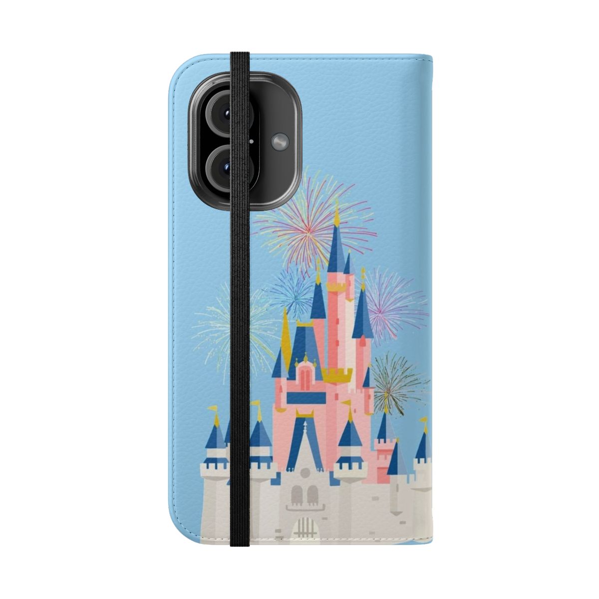 Enchanting castle flip phone case with magical sparkles and fireworks - Folded Front