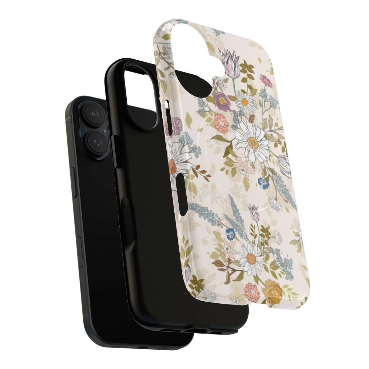 Boho floral phone case with a vintage botanical design of flowers, leaves, and nature-inspired elements. - Layers