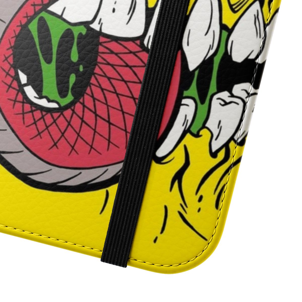 Monster-themed flip cover phone case featuring artwork by Phil Postma - Close Up