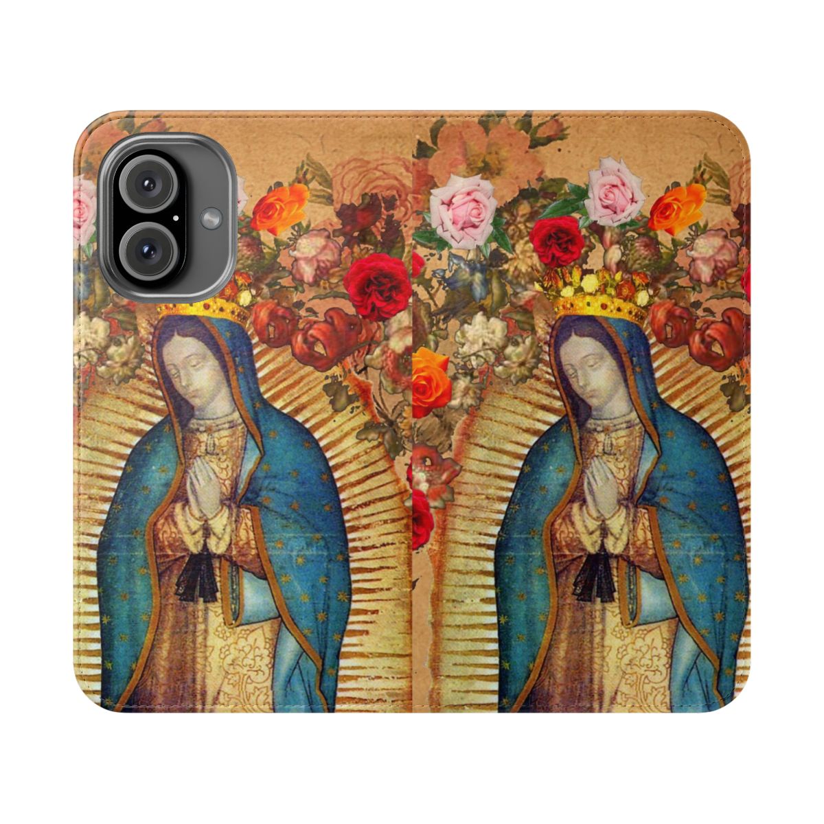 Vibrant Catholic phone case featuring the image of the Virgin Mary, also known as Our Lady of Guadalupe.