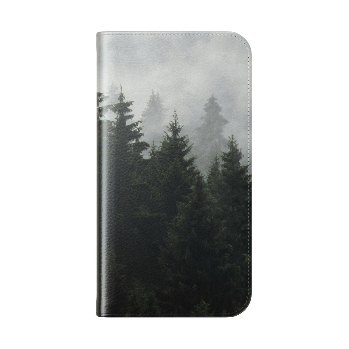 Flip cover phone case featuring a misty, foggy fairytale forest with Cascadia trees covered in magic fog. - Folded Back