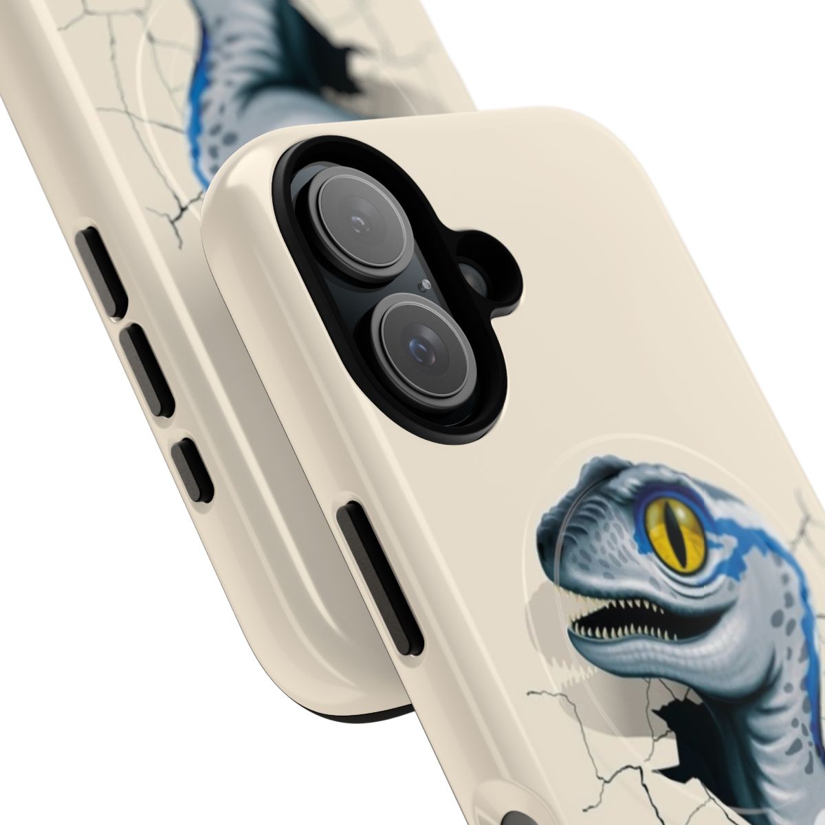 Jurassic World-inspired phone case with a baby blue velociraptor design - Detail