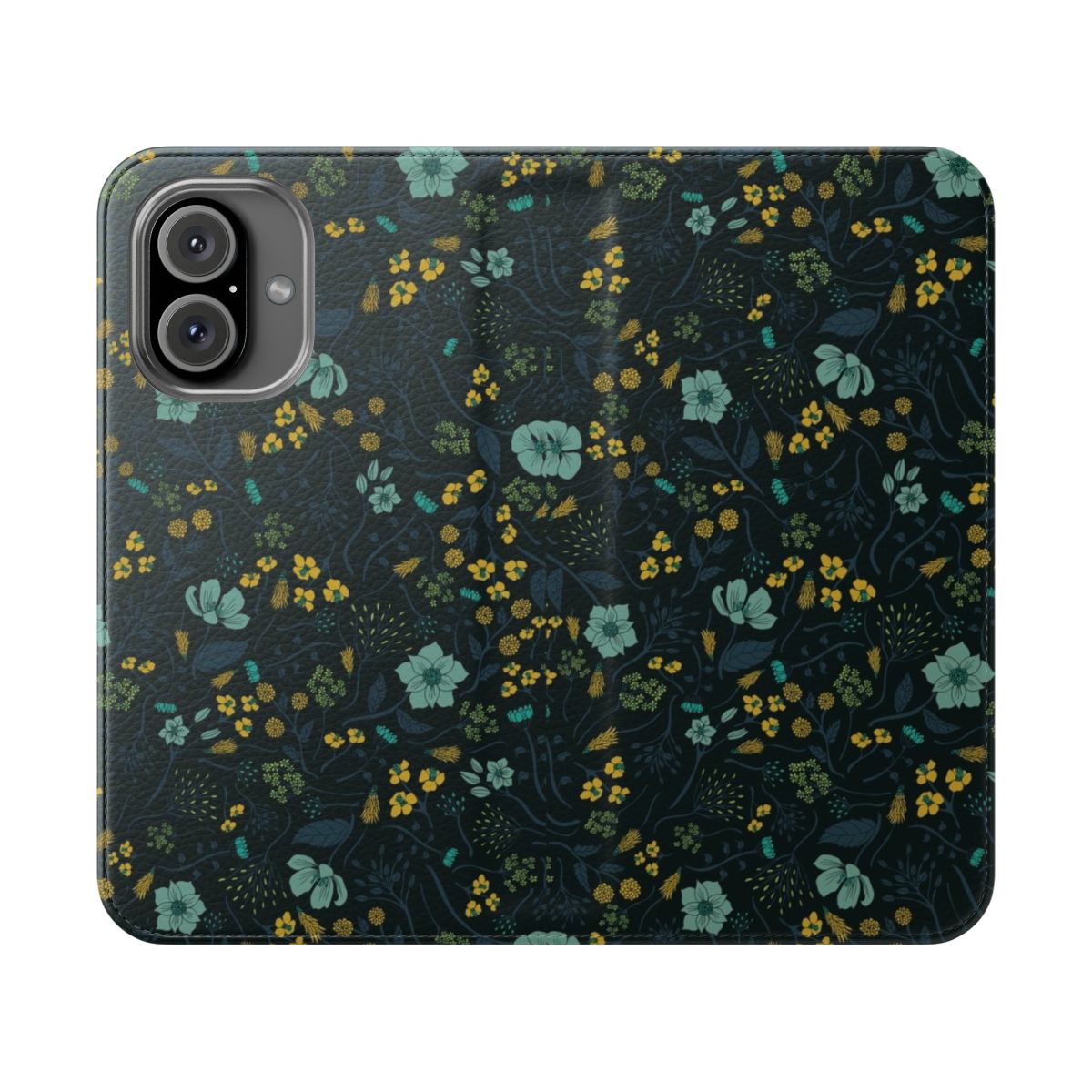 Colorful floral pattern flip phone case in shades of turquoise, yellow, green, and navy blue.