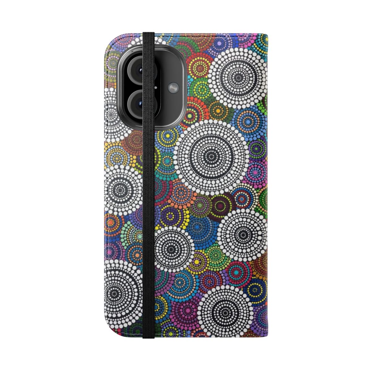 One Mob inspired flip cover phone case with contemporary aboriginal art design - Folded Front