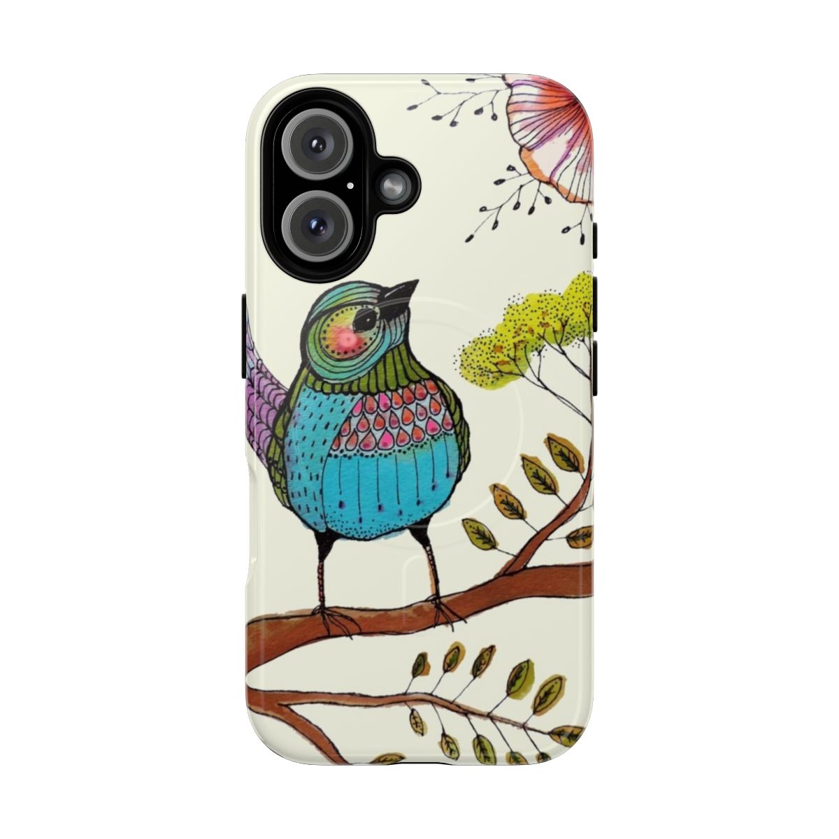 A colorful and vibrant watercolor phone case featuring a whimsical floral and musical note design.