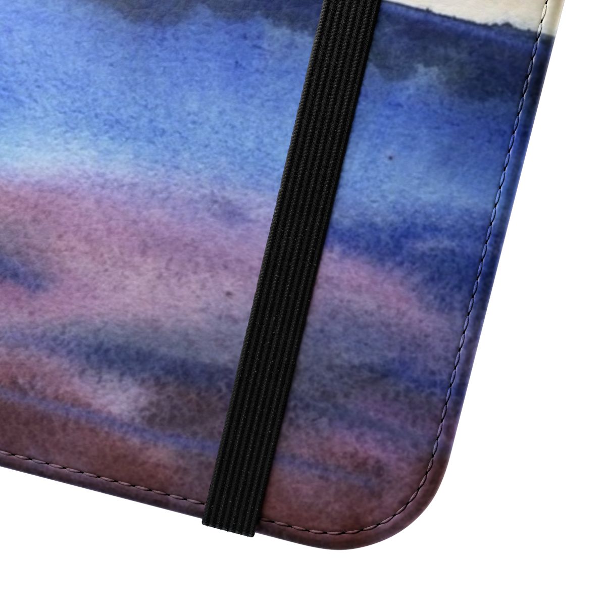 Watercolor landscape design with sky and clouds on a phone case. - Close Up