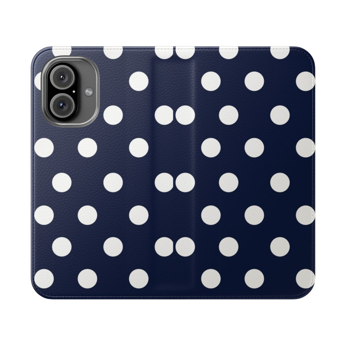 Navy blue and white large polka dot pattern on a minimalist flip phone case