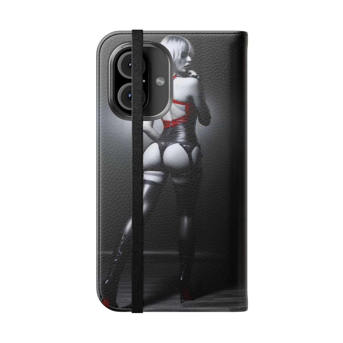 Stylish phone case featuring an attractive, sensual woman in black, white, and red - Folded Front