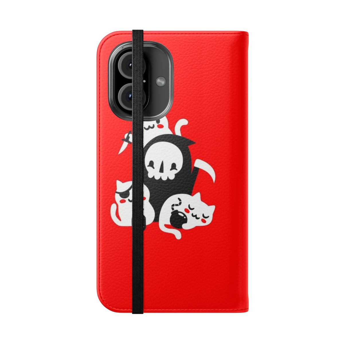 Flip phone case featuring a grim reaper and kitten in a spooky, gothic design - Folded Front