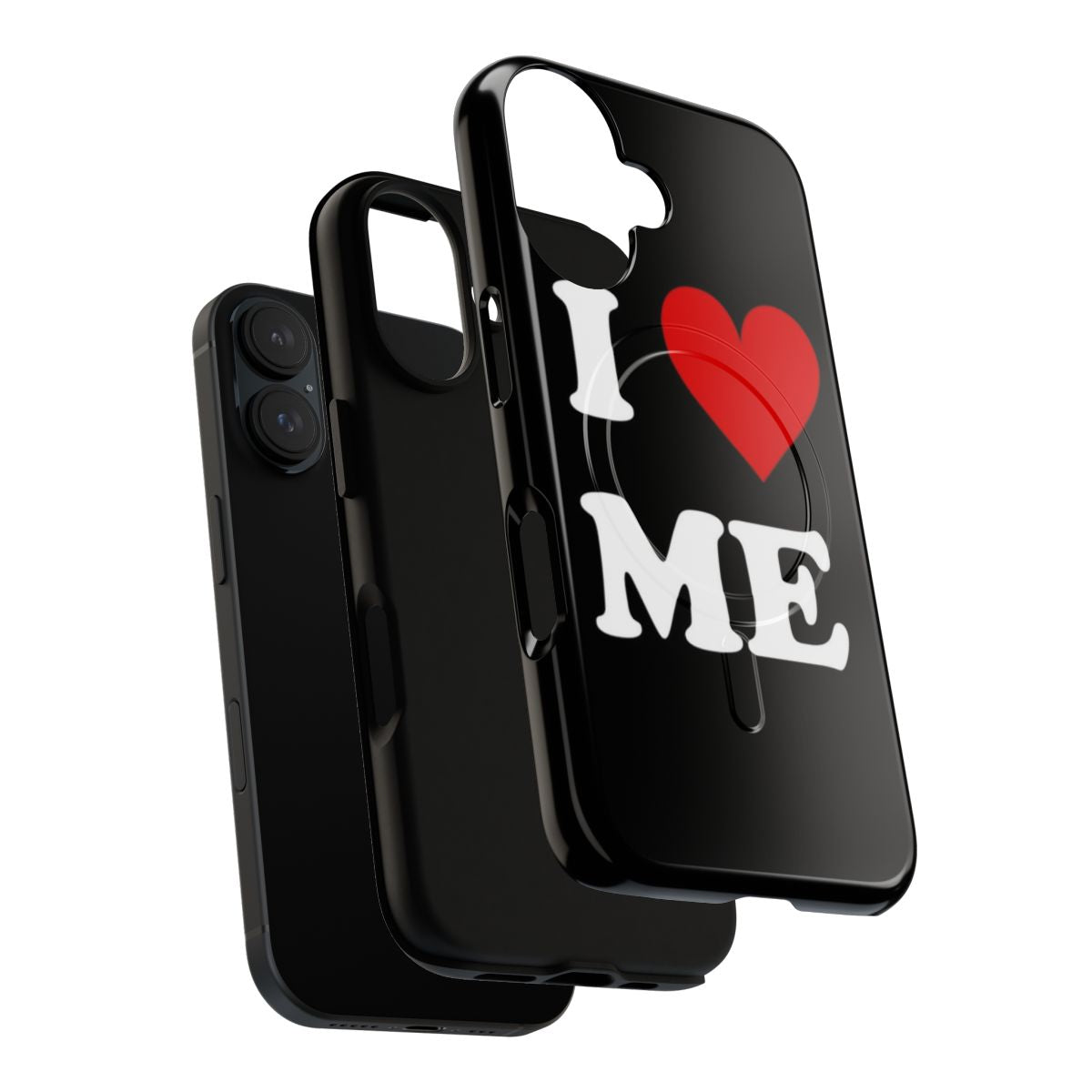 Unique heart-shaped phone case with "I Love Me" design, promoting self-love and confidence. - Layers