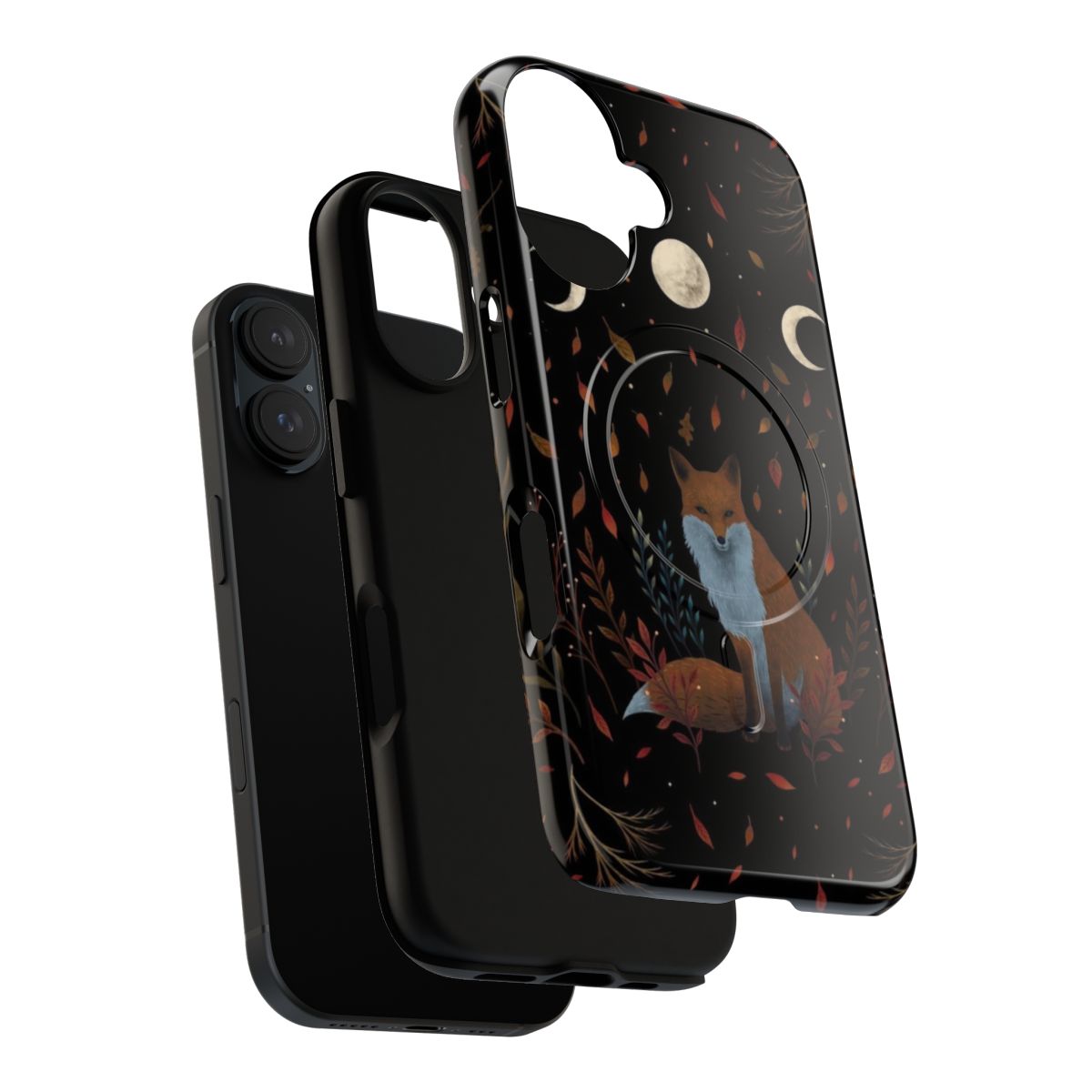 Autumn-themed phone case featuring a red fox design with a moon and floral elements - Layers