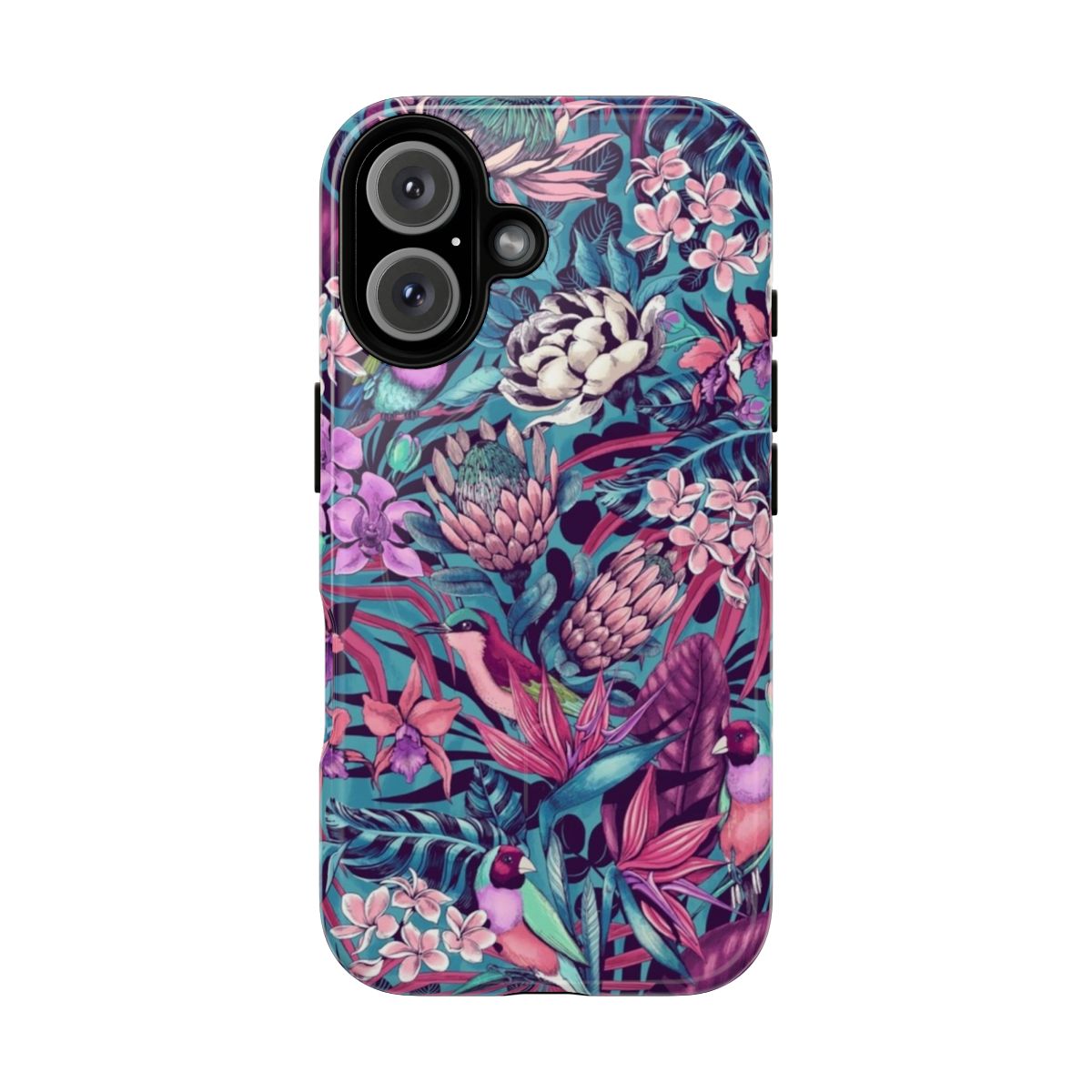 Vibrant and colorful phone case with a magnetic design, featuring tropical and exotic plant and animal motifs.