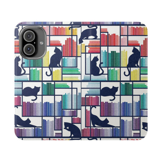 Vibrant phone case featuring a bookshelf with navy blue shelves and adorable library cats