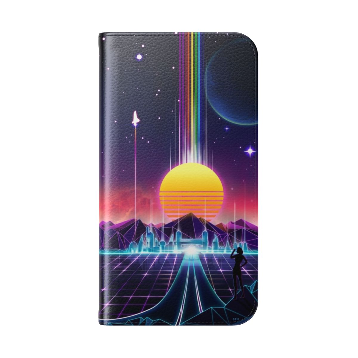 Vibrant neon sunrise design on a flip phone case - Folded Back