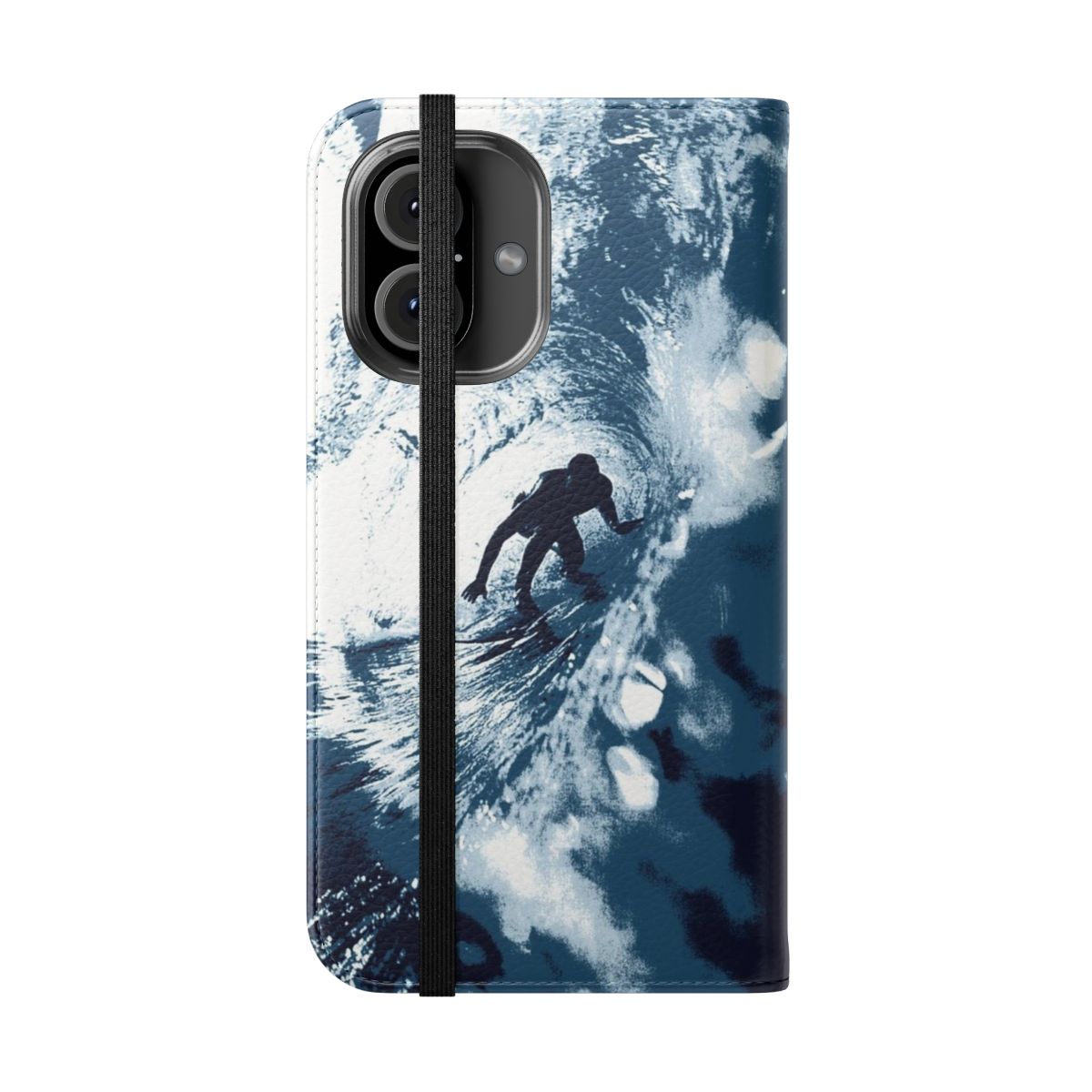 Blue wave flip cover phone case with Hawaiian surf graphic - Folded Front