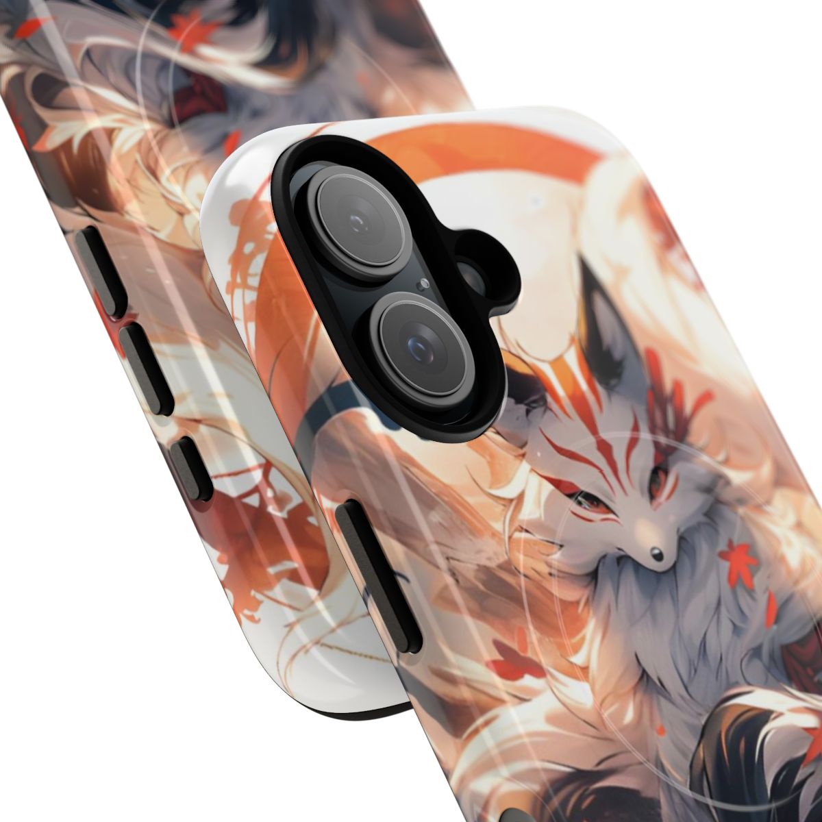 Detailed illustration of a mythical Japanese kitsune fox spirit on a phone case. - Detail