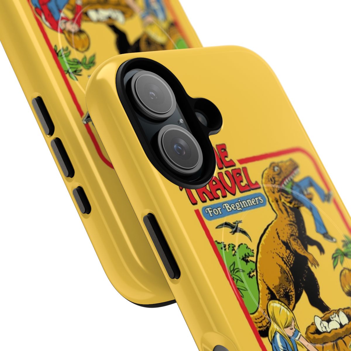 Retro-style phone case with a time travel and dinosaur theme - Detail