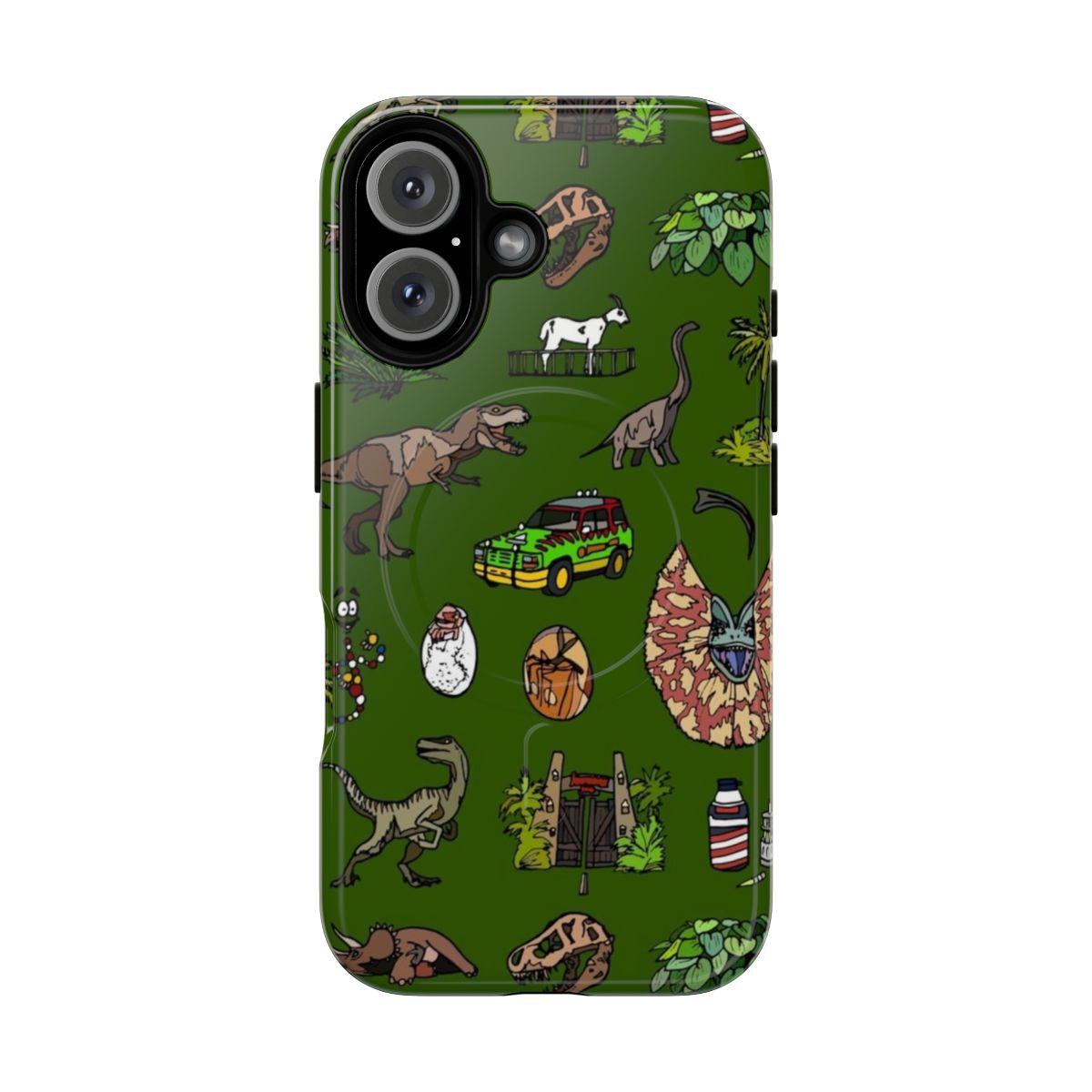 Jurassic-inspired magnetic tough phone case with dinosaur, fossil, and jungle-themed design