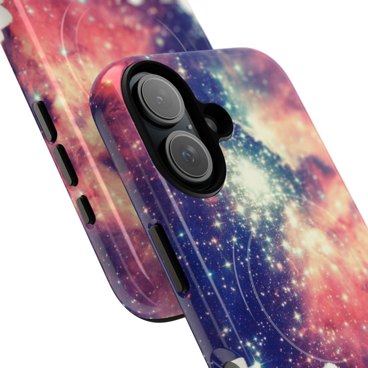 A colorful phone case featuring an abstract, negative space art design with a space, universe, or cosmic theme. - Detail