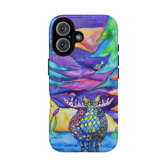 Colorful phone case with a vibrant moose design