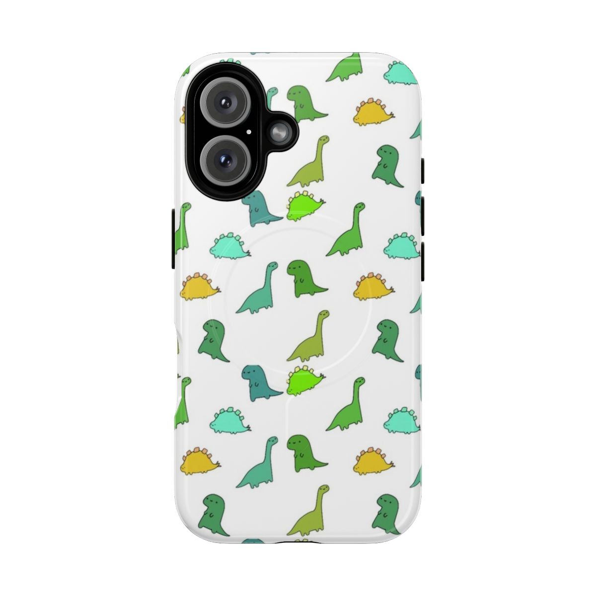 Magnetic tough phone case with a cute green dinosaur design